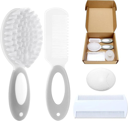 Baby Hair Brush and Comb Set, 4Pcs Baby Soft Bristles Brush Cradle Cap Brush Hair Comb for Newborns Toddlers Boys Girls (Grey)