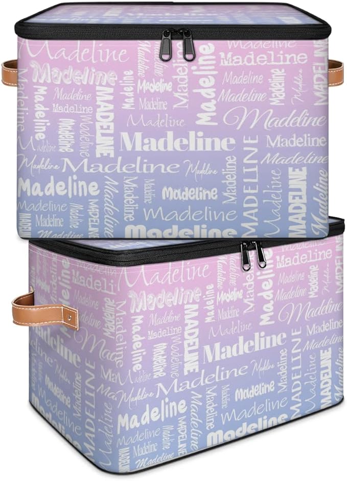 Custom Storage Basket with Name, Personalized Storage Bins with Zipper Lid, Foldable Fabric Storage Box Large capacity with Handle Pink Purple