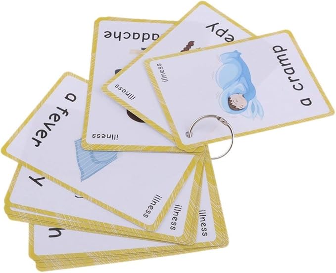 SANTSUN 14 Illness & Disease Expression English Flash Cards, Study Cards (4.72 x 3.54 Inch) with 1 Ring, Pocket Laminated Flashcards for Ages Pre-K & K