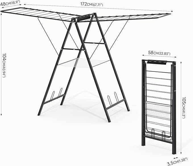 APEXCHASER Clothes Drying Rack Foldable, Metal Laundry Drying Rack with Height Adjustable Rails, Ultra Thin Drying Rack Clothing Towel Sweater Shoe for Indoor Outdoor, Gullwing Clothes Airer, Black