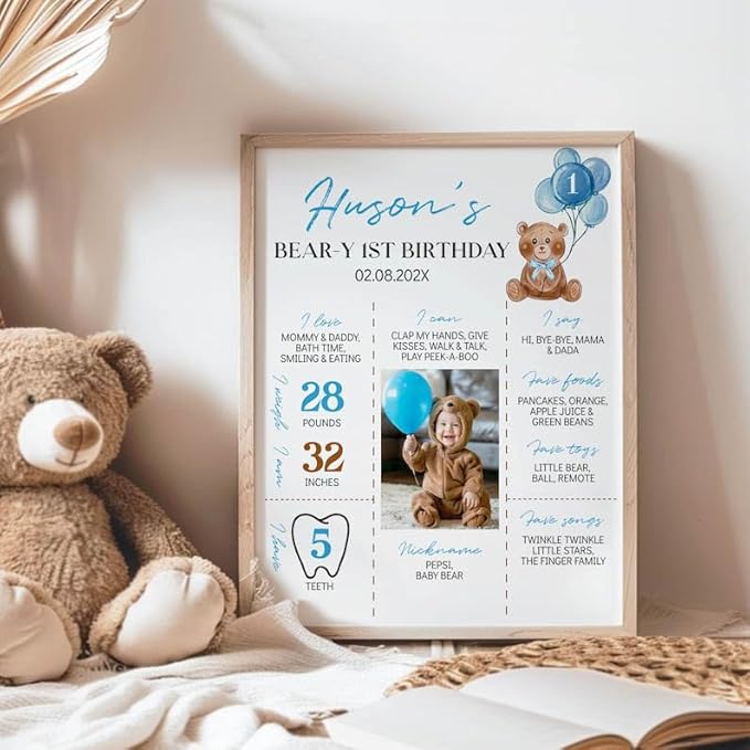 Generic Personalized Beary First Birthday Milestone Poster, Teddy Bear Photo Milestone Sign, Boho Bear Blue Party Stats Board, Design 06