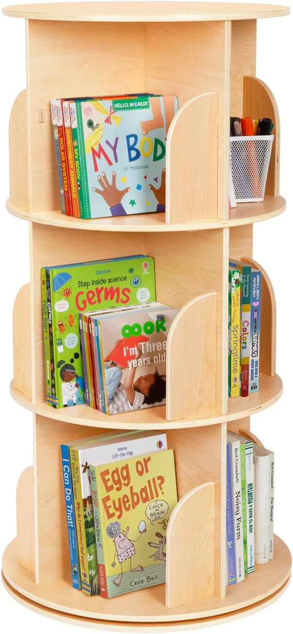 OOOK Kids Rotating Bookshelf, Small Corner Bookshelf for Small Space, 360° Display 3 Tier Floor Standing Bookcase Storage Rack, Wooden Narrow Bookcase Organizer for Bedroom, Living Room