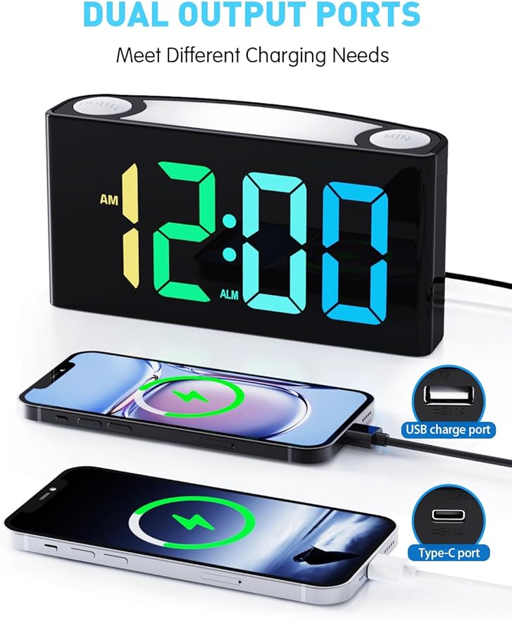 PPLEE RGB Digital Clock-Alarm Clocks for Bedrooms,Large Bold Number 7 Dimmers,Battery Backup Loud Alarm Clock,8 Modes Night Light,Dual Charger USB&Type-C,Bedside Desk Clock for Kid Adult Heavy Sleeper