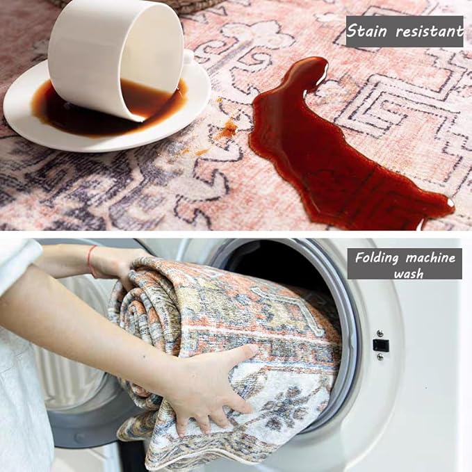 Washable Area Rug 5x7 for Living Room Retro Boho Chic Medallion Distressed Design Indoor Non-Slip Large Oriental Accent Throw Rug for Kitchen Bedroom Office Carpet