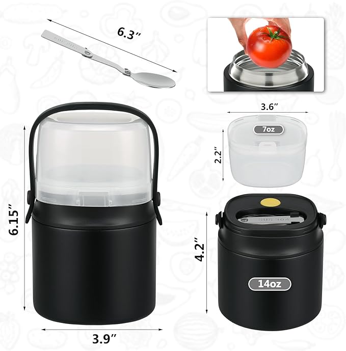 2 - in - 1 Soup Thermo for Hot Food 14oz with Snack Box Container Leak Proof Insulated Lunch Container Kids and Adults Stainless Steel Double Wall Vacuum Wide-mouth Thermal with Spoon and Handle
