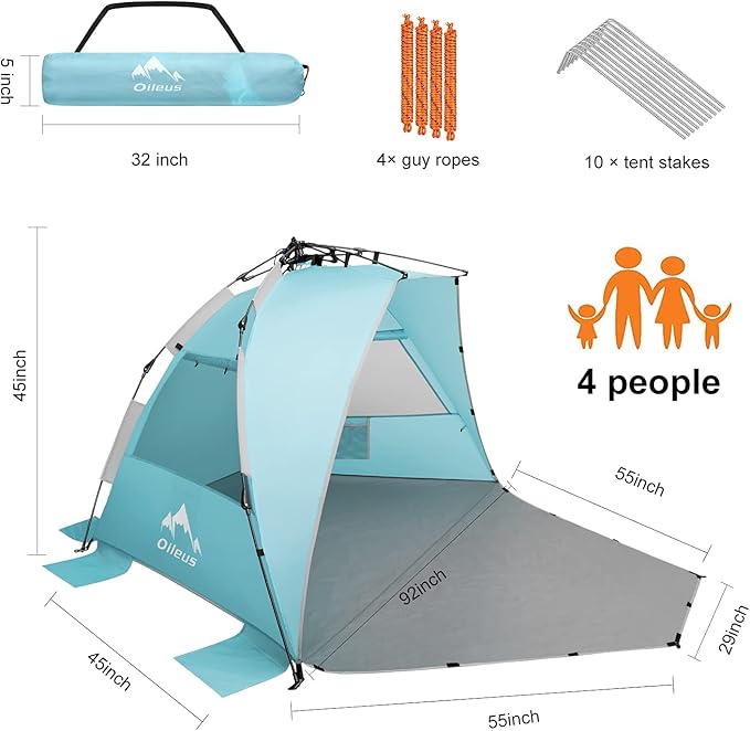 Oileus X-Large 4 Person Beach Tent Sun Shelter - Portable Sun Shade Instant Tent for Beach with Carrying Bag, Stakes, 6 Sand Pockets, Anti UV for Fishing Hiking Camping, Waterproof Windproof, Sky Blue