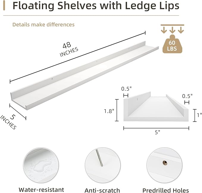 Picture Ledge Shelf, Wood Long Floating Shelves for Wall, Set of 2, 48 inch Picture Ledge Shelves, Photo Ledge Nursery Book Shelves Wall Mounted for Living Room Kids' Room Bedroom, Color White