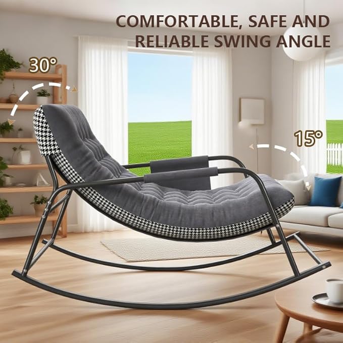 Oversized Rocking Chair with Cushion, Indoor Outdoor Lounge Patio Recliner Rocker with Armrests, Supports 330 lbs, Comfortable Papasan Chair for Bedroom, Living Room, Porch, Garden -Grey