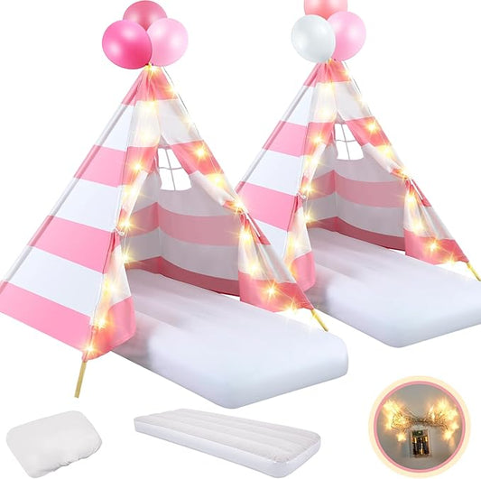 2 Pack Kids Teepee Tent with Mattress,Fitted Sheet,Light String,Washable Natural Cotton Toddler Play Tent for Girls Boys Indoor Outdoor Sleepover Slumber Birthday Party(Pink and White)