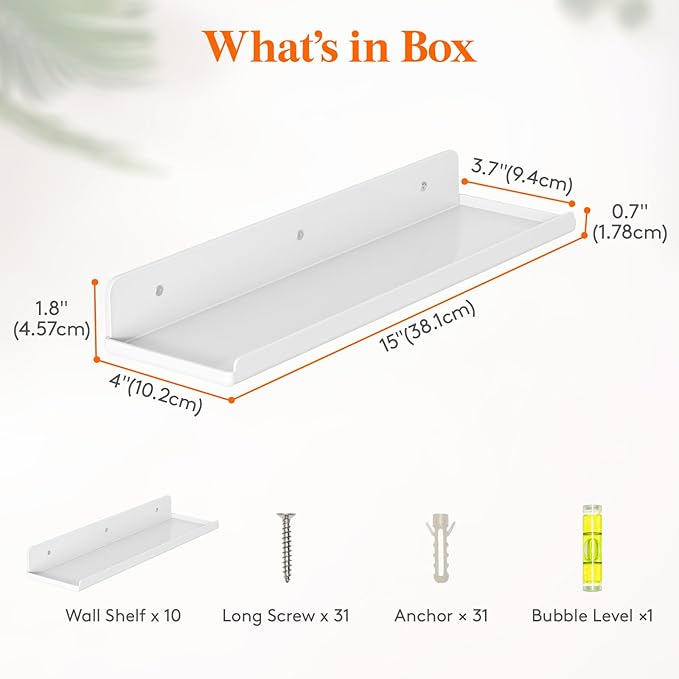 Lifewit Floating Shelves for Wall, 10 Pack White Acrylic Shelf 15" Room Decor for Bookcase/Vinyl Record Display/Photo/Picture in Bedroom, Living Room, Bathroom, Kitchen Storage and Organization