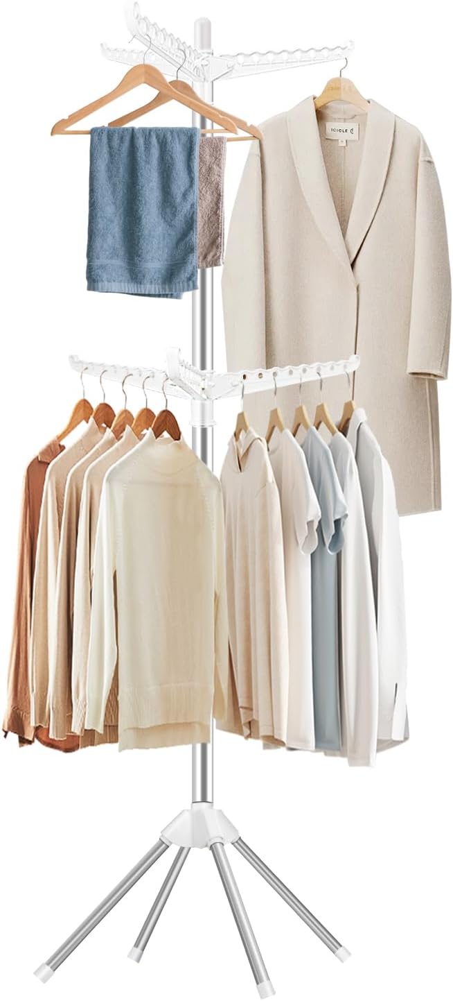 SUYU Clothes Drying Rack,Folding Clothes Drying Tree, 2 Layer with 6 Rotatable Arms,72-Inch Indoor Clothes Rack,Stainless Steel,4 Legs,White and Silver SNJ202