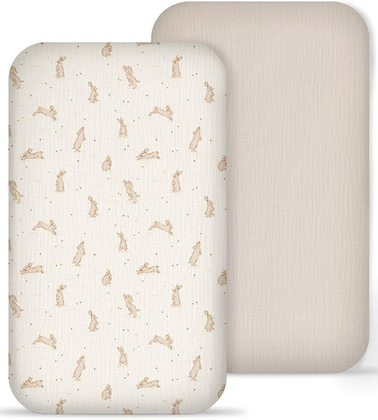 Muslin Bedside Bassinet Sheets 2 Pack, 33x20 Fitted Ultra Soft & Breathable Bedside Sleeper Sheets, Ideal for Baby Girl and Boy, Perfect for Newborns (Hopping Bunnies & Beige)
