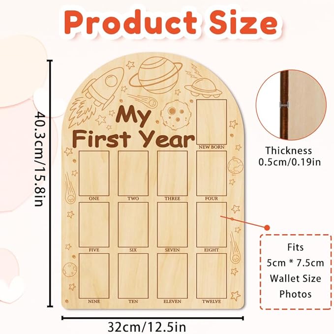 ORIGACH My First Year Baby Growth Photo Display Wood Board - 12 Months Newborn Milestones Photo Board - Neutral Baby Keepsake Board 1st Birthday Party Nursery Decor New Mom Gift - Space