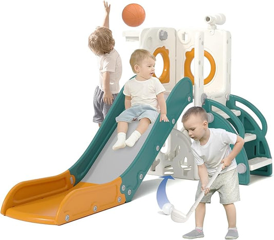 KORIMEFA 7 in 1 Toddler Slide, Kids Slide for Toddlers Baby 1-3 Years Old, Indoor and Outdoor with Basketball Hoop & Golf Set, Plastic Slides for Kids Easy Assembly, Green