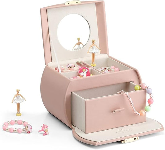Vlando Musical Jewelry Box with Spinning Ballerina, Lockable Girls’ Jewelry Organizer for Necklaces Rings and Hair Accessories, Gift for Girls and Kids, Pink