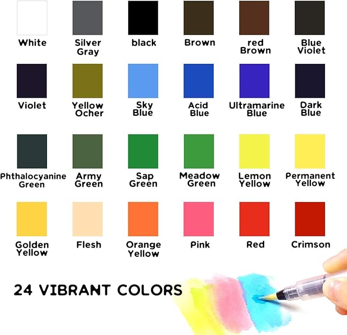 Watercolor Paint set, 24 Colors Premium Solid Watercolor Half Pans in Tin Box, 1 refillable Water Brush Pen, Art Pigment Kit Perfect for Artists Students Kids Beginners and Art Lovers