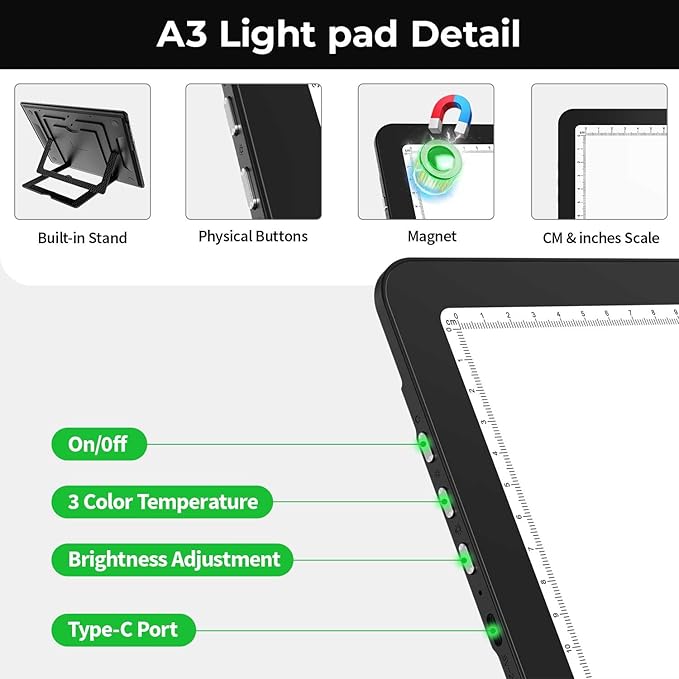 Zocelight Rechargeable A3 Light Board with Built-in Stand & Bag,Super Bright Magnetic Light Box for Tracing,Wireless Light Pad for Diamond Painting,Side Buttons,LED Light Table for Drawing,Sketching