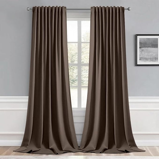 MIULEE Chocolate Brown Back Tab Blackout Curtain 96 Inch Long 2 Panels Set for Bedroom, Rod Pocket/Pinch Pleat Thermal Insulated Living Room Darkening Pleated Light Blocking Floor to Ceiling Drape