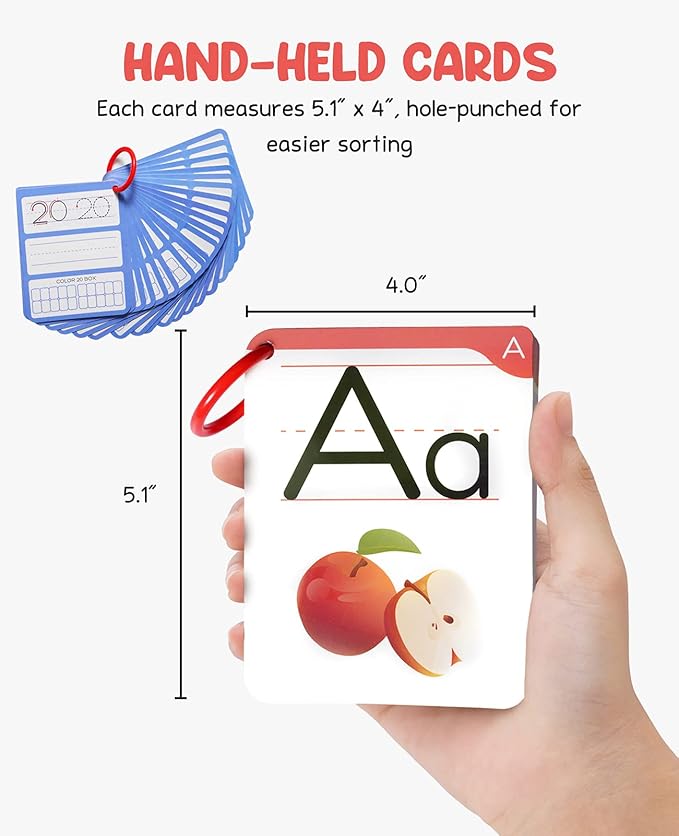 Gamenote Dry Erase Alphabet and Number Flash Cards - Write and Wipe Laminated ABC Letter Tracing Practice Card for Kindergarten (47 Flashcards with 2 Rings and Marker)