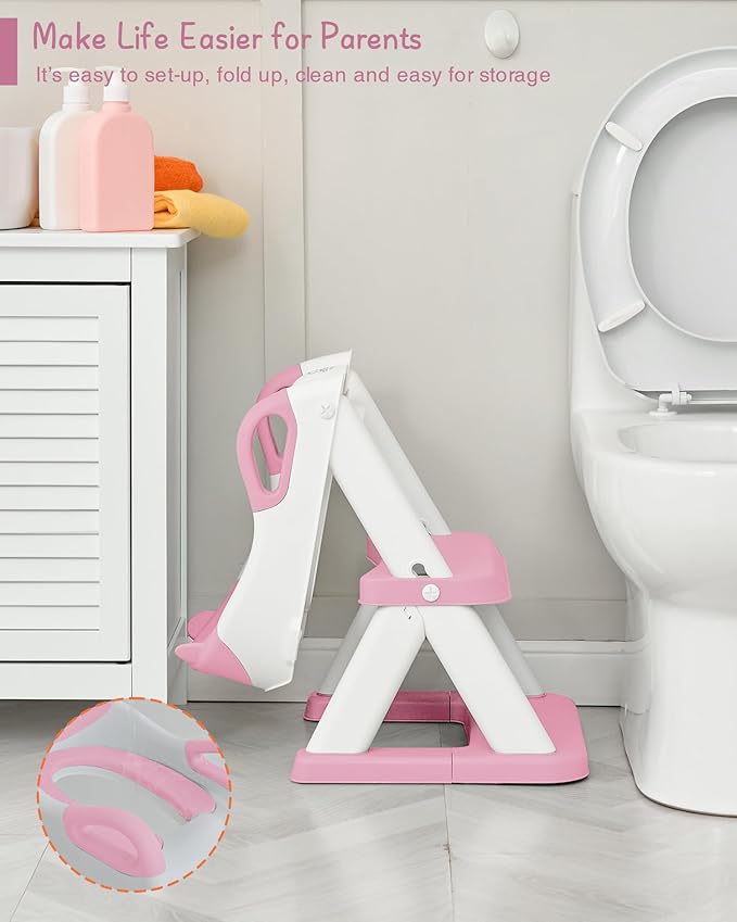 Forbena Girls Potty Training Seat with Step Stool Ladder, Pink Toilet Potty Seat for Baby Girl Toddlers, Kids Chair Stairs with Handles and Soft Cushion (White and Pink)