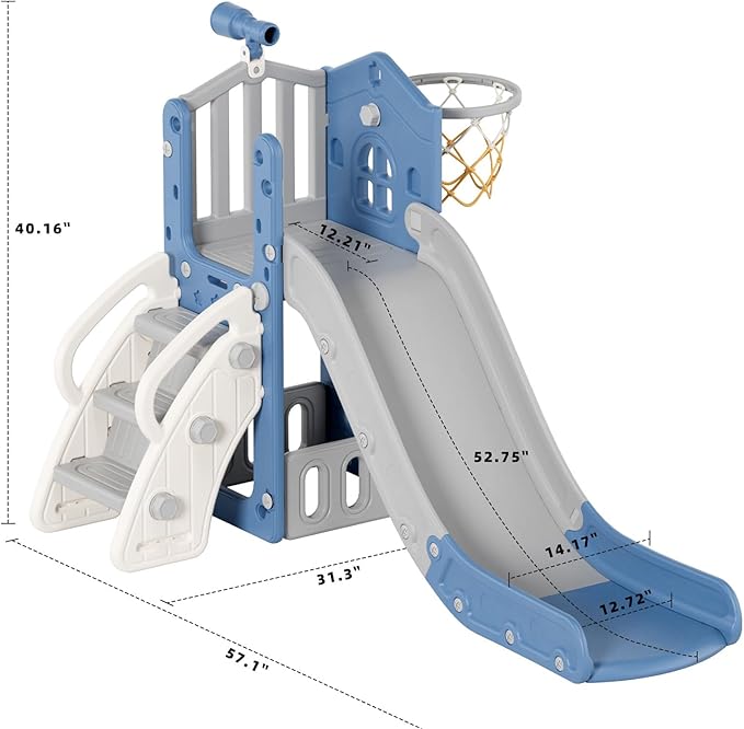 YUFU 5 in 1 Toddler Slide, Kids Slide with Climber, Basketball Hoop and Ball, Outdoor Indoor Playset for Toddlers Age 1-3 (Blue+Gray)