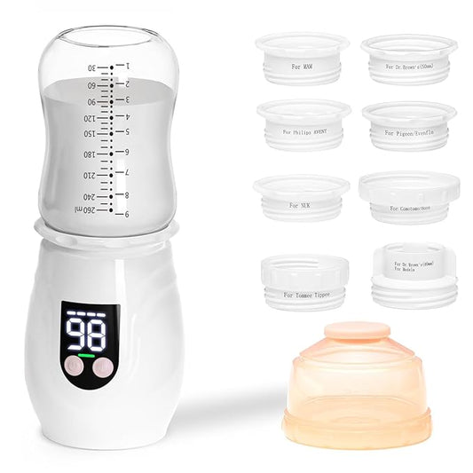 Portable Cordless Baby Bottle Warmer for Travel, Rechargeable with 8 Adapters & 1 Milk Powder Container, Safe Material, Fast Heating, Compatible with Major Brands,White