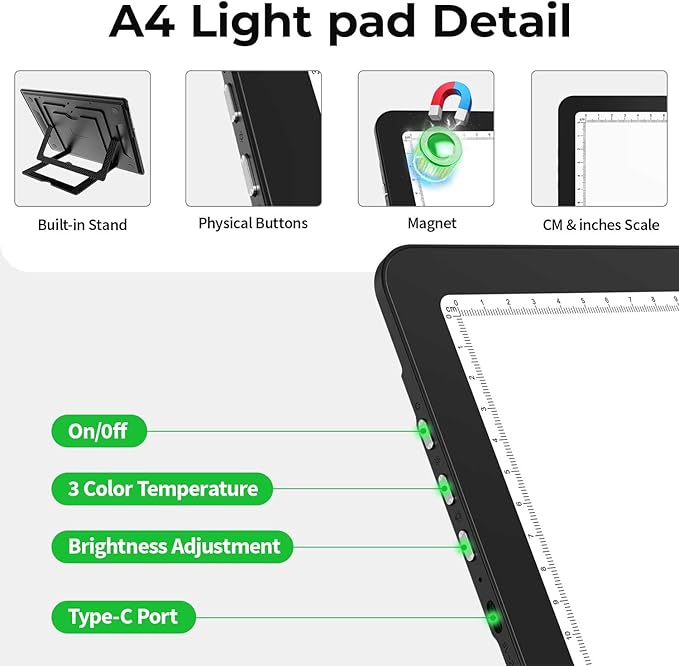 Zocelight Rechargeable A4 Light Pad with Built-in Stand,Super Bright Magnetic Light Table with Physical Buttons,Wireless Light Box for Tracing, Light Board for Diamond Painting,Sketching Weeding Vinyl