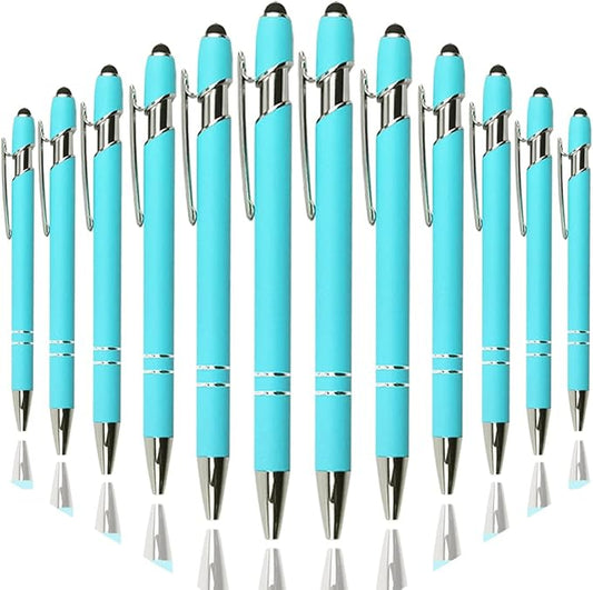 Ballpoint Pen with Stylus Tip, Soft Touch Click Metal Pen, 1.0mm Medium Point, Black Ink, 12 Count(Light Blue)