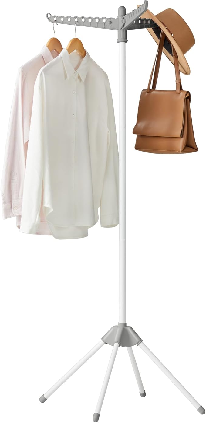 SONGMICS Clothes Drying Rack, 59-Inch Folding Laundry Drying Rack with 3 Rotatable Arms for Hangers, 4 Legs, Stainless Steel, for 27 Pieces of Clothes, Gray and White ULLR510G01