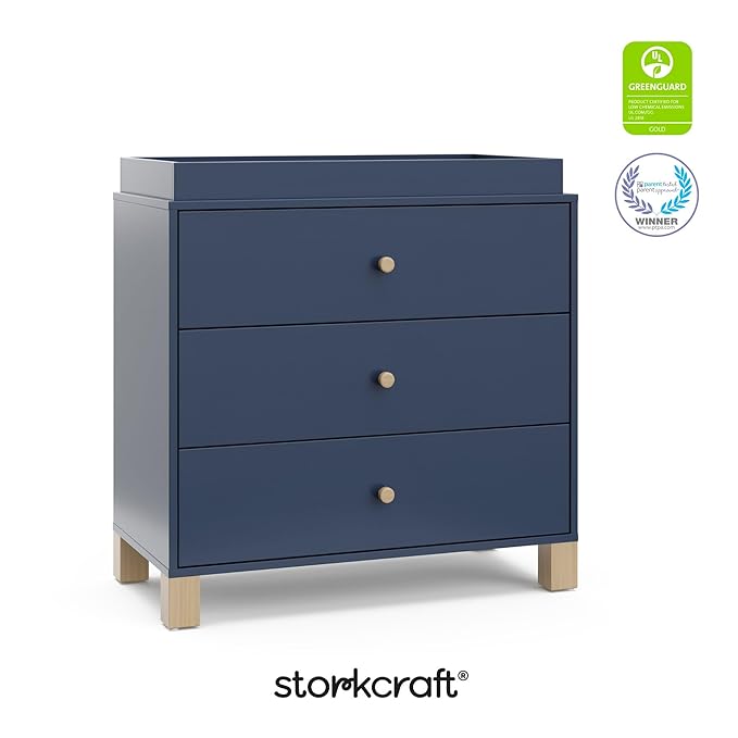 Storkcraft California 3-Drawer Chest with Removable Changing Topper (Midnight Blue with Driftwood) – GREENGUARD Gold Certified, Interlocking Drawer System, Pre-Installed Tracks, Easy Assembly