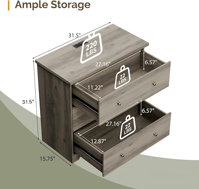 VINGLI 3 Drawer Dresser with Charging Station, Small Dresser Grey Chest of Drawers, 31.5" W Gray Wood Dressers for Bedroom, Living Room, Hallway, Home Office, 15.75" D x 31.5" W x 31.5" H