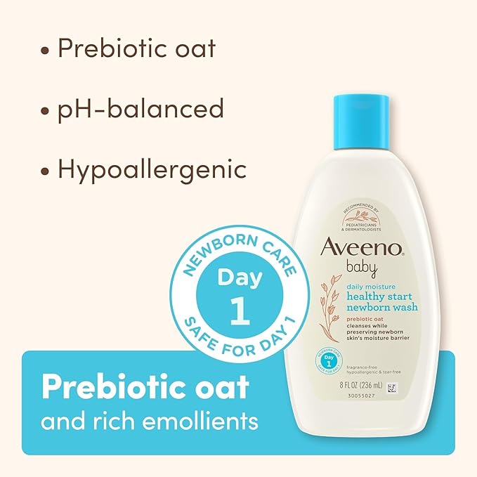 Bundle of Aveeno Baby Healthy Start Newborn Wash, Hypoallergenic Baby Body Wash with Prebiotic Oat, Fragrance-Free, 8 fl. oz + Newborn Balm, Baby Skin Balm with Prebiotic Oat , Fragrance-Free, 5 oz