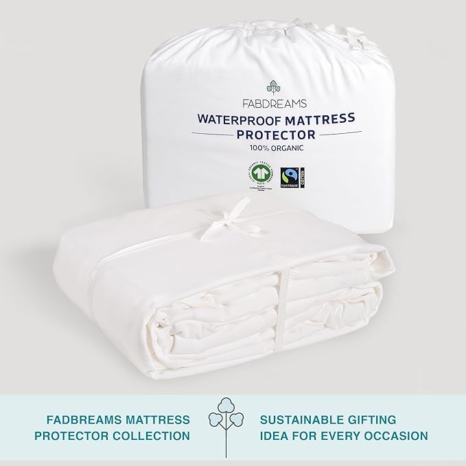 Fabdreams Organic Twin Size Waterproof Mattress Protector, 39" x 77", White, Temperature Regulating, Breathable, 100% Organic Cotton
