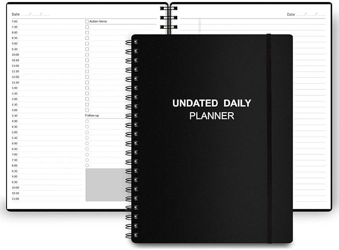 Undated Daily Planner - Undated Planner with Hourly Schedules, Action Items and Follow-up, A4 Daily Organizer Notebook to Increase Productivity, Appointment Book for Time Management, 8.5 × 11 Inch