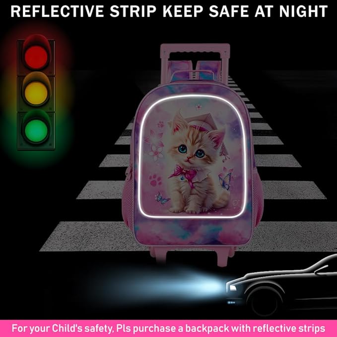 gxtvo Girls Rolling Backpack, Cute Cat Roller Wheels Kids Bookbag - Wheeled Elementary School Bag - 3PCS Cat