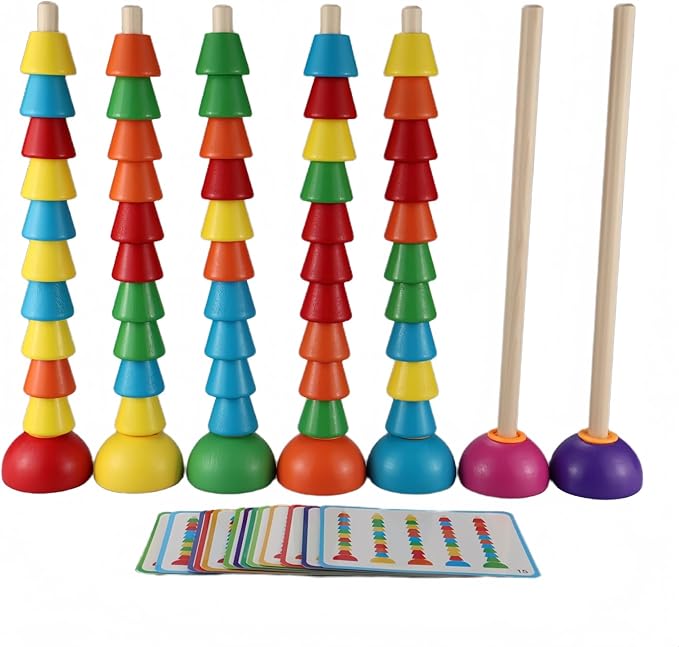 Wooden Stacking Ring Toy Set, Educational Color Pattern Matching Game with Activity Cards, Rainbow Colors，for 3 4 5 Year Old STEM Preschool Learning Montessori Toys Gifts for Kids Boy Girl Toddler