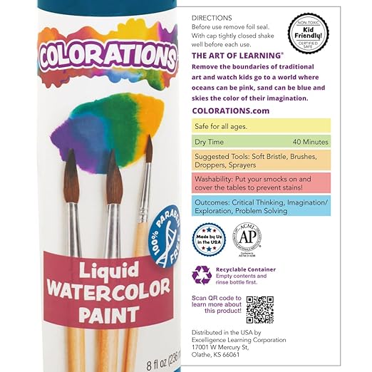 Colorations - LWPACK Liquid Watercolor Paint, 4 fl oz, Set of 6, Non-Toxic, Painting, Kids, Craft, Hobby, Fun, Water Color, Posters, Cool Effects, Versatile, Gift
