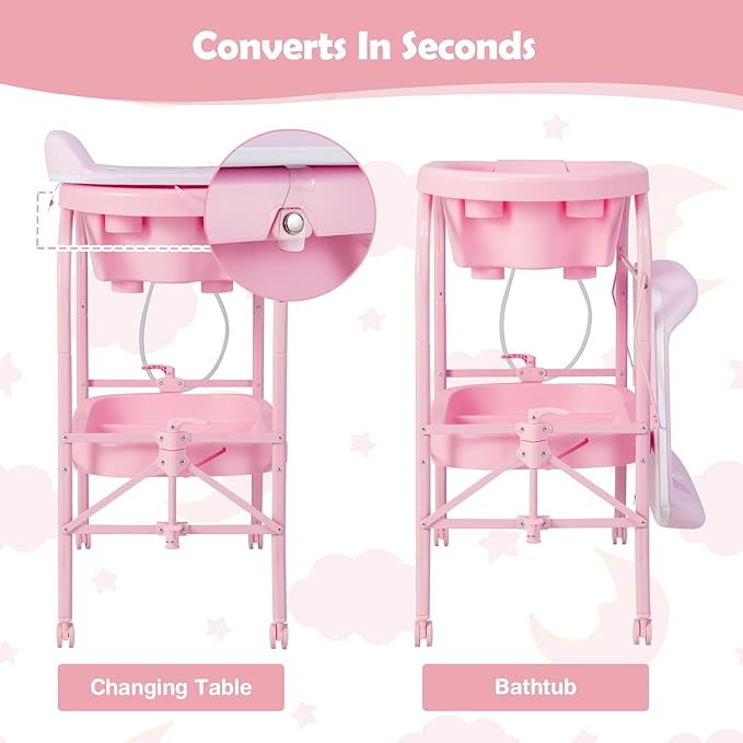 HONEY JOY Baby Changing Table with Bathtub, Foldable Infant Diaper Changing Station with Wheels, Storage Tray, Waterproof Pad, Portable Newborn Nursery Organizer Bath Stand for Boys Girls (Pink)