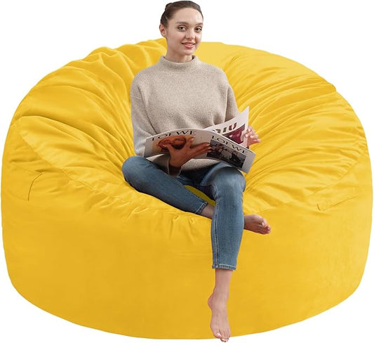 6FT Bean Bag Chair, Large Bean Bag Chairs with Memory Foam Filled, Fluffy Beanbag Sofa with Dutch Velvet Cover, Round BeanBag Chairs for Living Room, Playroom - Lemon