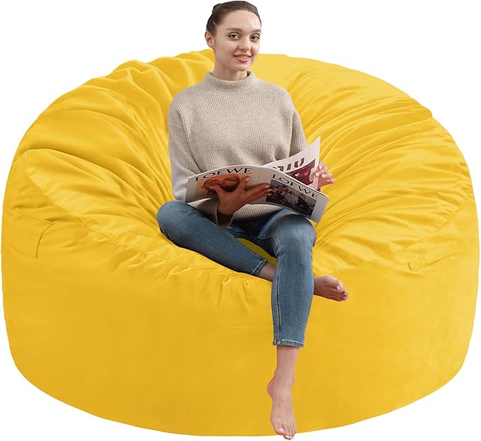 4FT Bean Bag Chair, Large Bean Bag Chairs with Memory Foam Filled, Fluffy Beanbag Sofa with Dutch Velvet Cover, Round BeanBag Chairs for Living Room, Playroom - Lemon