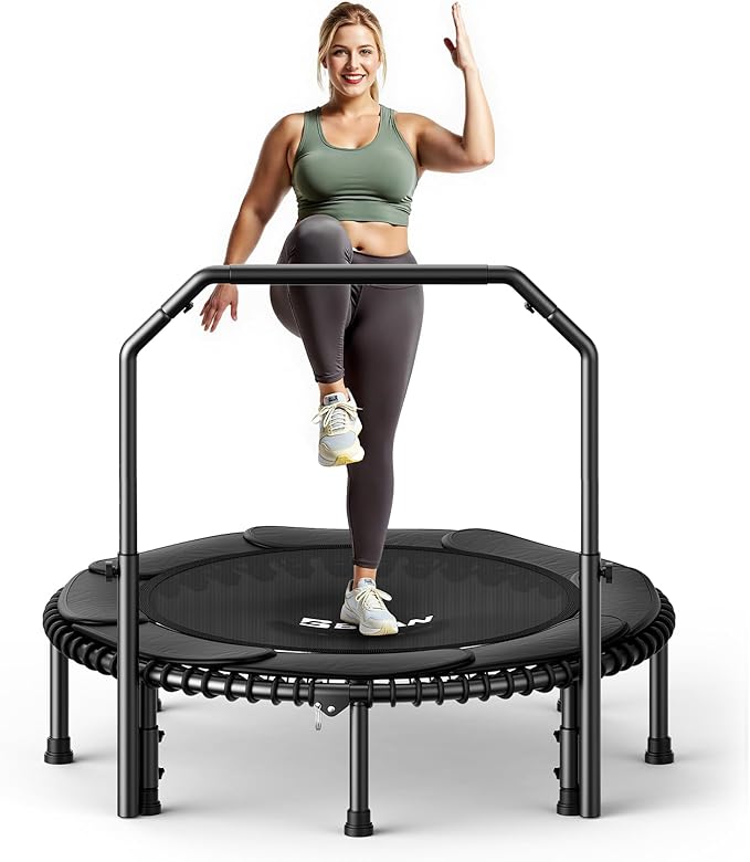BCAN 40"/48" Mini Rebounder Trampoline for Adults with Bar, 450/550LBS Fitness Trampoline with Bungees, Adjustable Handle, Stable & Quiet, Indoor Outdoor, Whole-Body Workout & Relaxation at Home