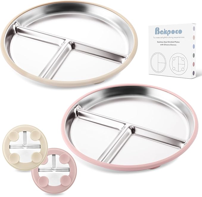 Stainless Steel Baby Plate with Suction, 9” Divided Toddler Plates with Removable Silicone Sleeves for Kids, Non-Toxic Non-Slip Unbreakable Dishwasher Safe Dinnerware Set of 2, Pink & Beige