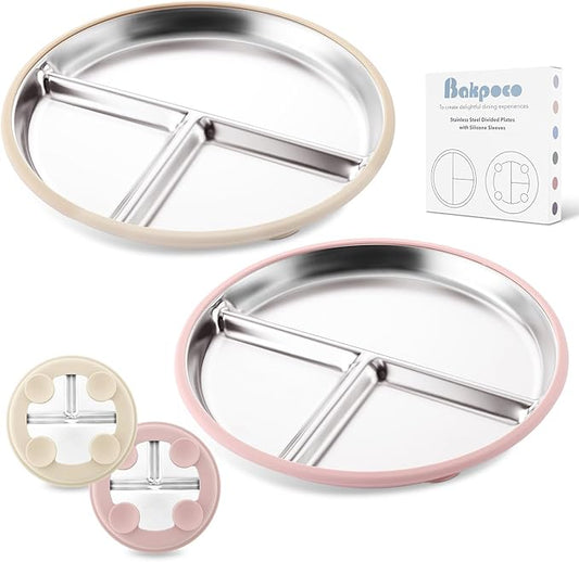Stainless Steel Baby Plate with Suction, 9” Divided Toddler Plates with Removable Silicone Sleeves for Kids, Non-Toxic Non-Slip Unbreakable Dishwasher Safe Dinnerware Set of 2, Pink & Beige