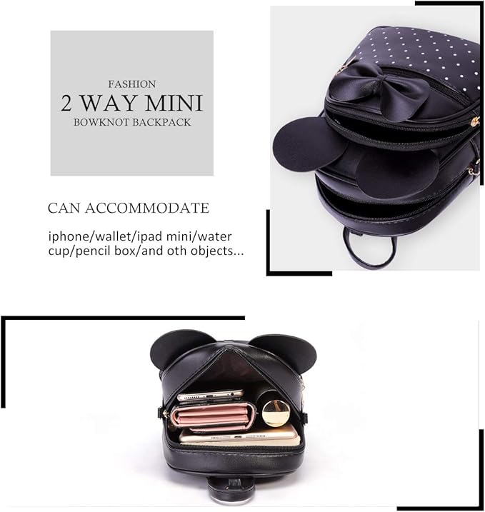 KL928 Girls Bowknot Polka Dot Cute Mini Backpack Small Daypacks Convertible Shoulder Bag Purse for Women