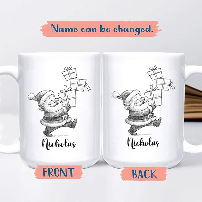 Santa Claus White Ceramic Teacup, Personalized Santa Claus Accent Coffee Mug Gift For Grandson Boyfriend Brother on Christmas Holiday, Unique Birthday Coffee Cup 11 Oz 15 Oz, Custom Name Kids Teacup