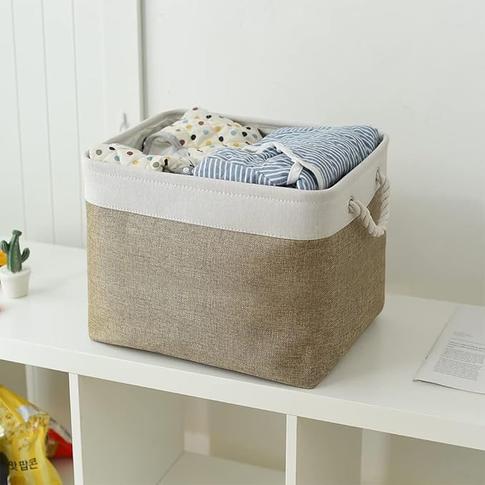 TcaFmac Organization and Storage Basket for Shelves - 16x12x12 inch Large 2 Pack Collapsible Storage Bins for Organization, Fabric Storage Cubes for Box Cloth Toy Books Kids (White & Khaki)