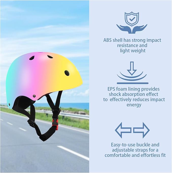 Color Gradient Adjustable Kids' Helmet with Knee & Elbow Pads Set | Multi-Sport Safety Gear for Boys & Girls Ages 5-14 | Skateboarding, Scooters, Roller & Inline Skating, Longboarding