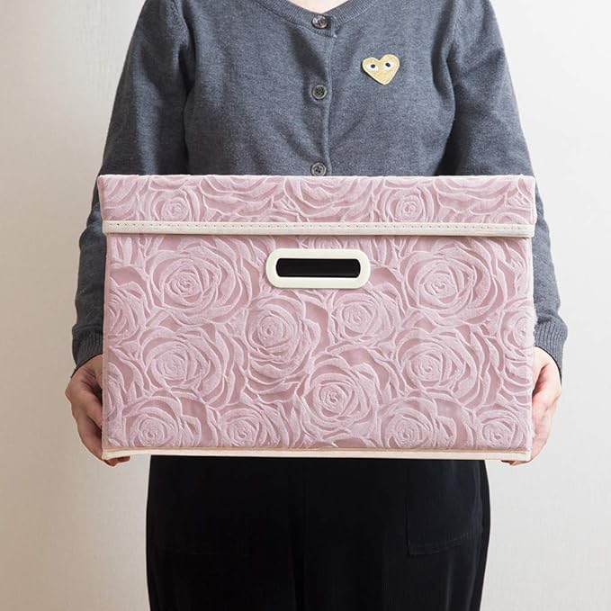 PRANDOM Collapsible Storage Boxes with Lids [5-Pack] Fabric Decorative Storage Bins Cubes Organizer Containers Baskets with Cover Handles Divider for Bedroom Closet Living Room Pink 14.9x9.8x9.8 Inch