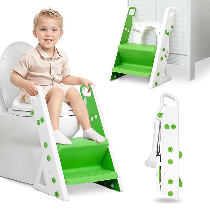 Potty Training Seat, Upgrade Foldable Step Stool, Climbable and Easy to Carry Handles, Adjustable for Different Toilet Heights, Attachment with Stable Structure for Boys and Girls