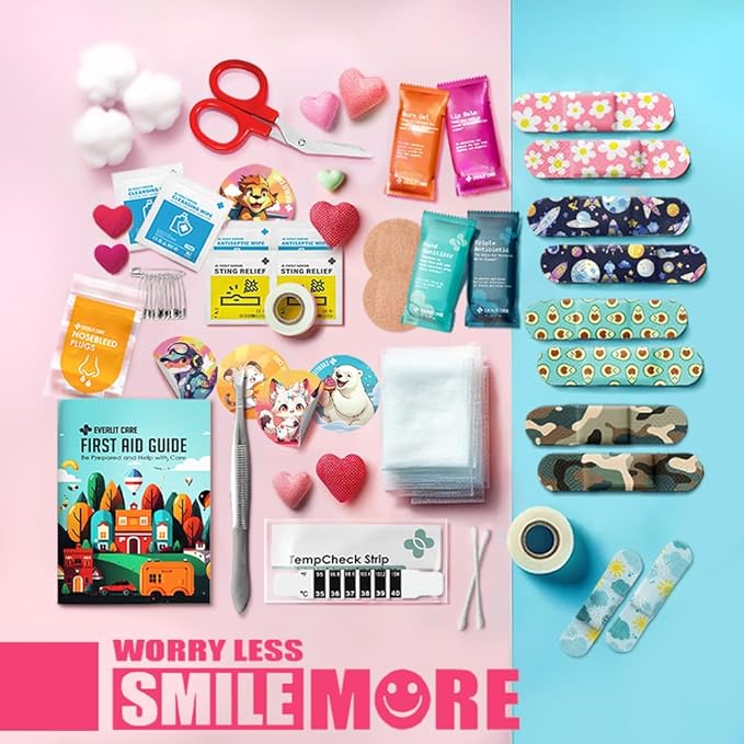 EVERLIT Mini Rescue Pack | 105 Medical Essentials Organized in Portable Storage Bag | Pocket Size Kids First Aid Kit with D Ring | Small Family-Friendly Travel Medical Kit (Space)